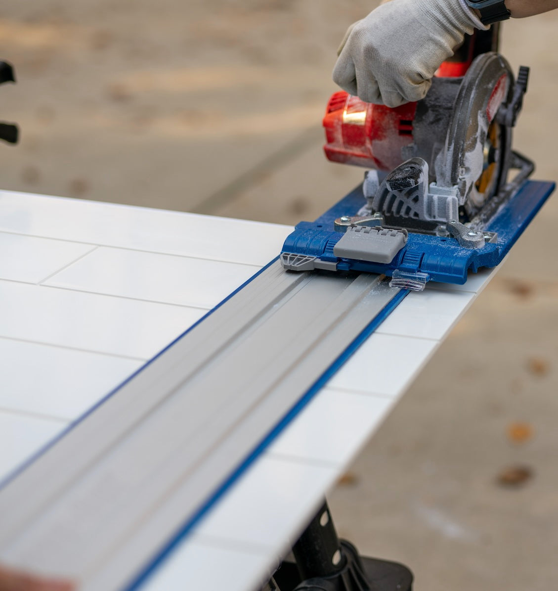 Cut with oscillating tool or circular saw