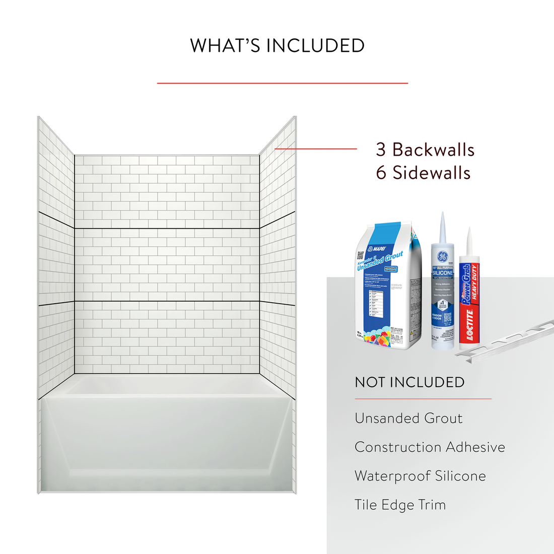 SALE 3"x6" Running Bond Subway Tub Surround - GLOSS PASSIVE (66 SF)